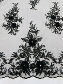 3D Floral Rhinestone Fabric - Black - Beaded Flower Clusters with Rhinestones and Sequins By Yard