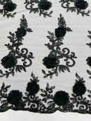 3D Flower Cluster Fabric - Black - 3D Flower Leaf Design Fabric with Pearls Sold By Yard