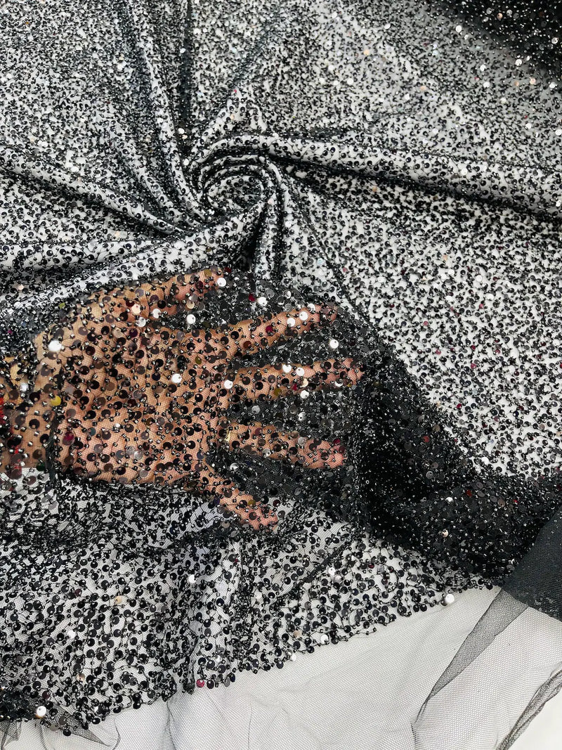 Pearl Sequins Bead Fabric - Black - Small Beads and Sequins Embroidered on Lace By Yard