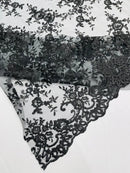 Floral Plant Lace Fabric - Black - Embroidery Flower Small Leaf Design Lace Fabric Sold By Yard