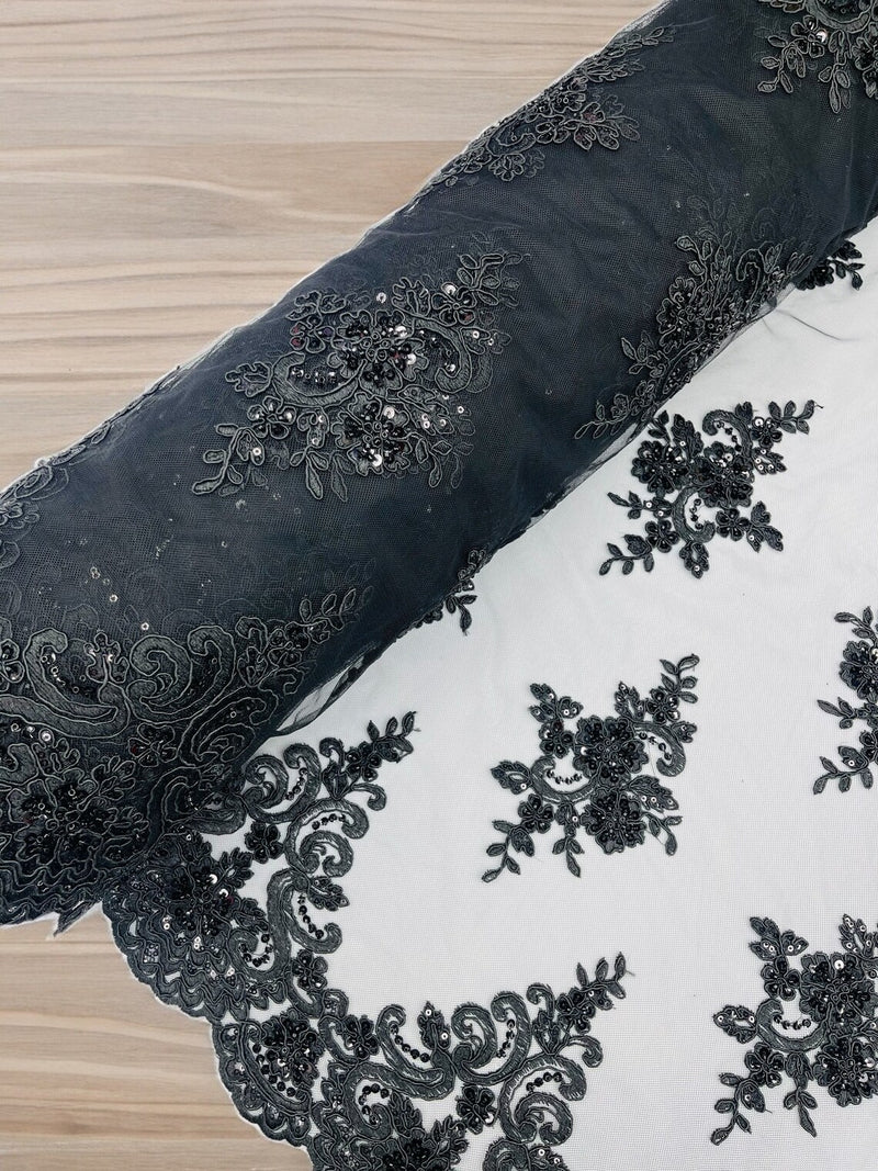Beaded Floral Fabric - Black - Floral Cluster Design Fabric with Damask Border by Yard