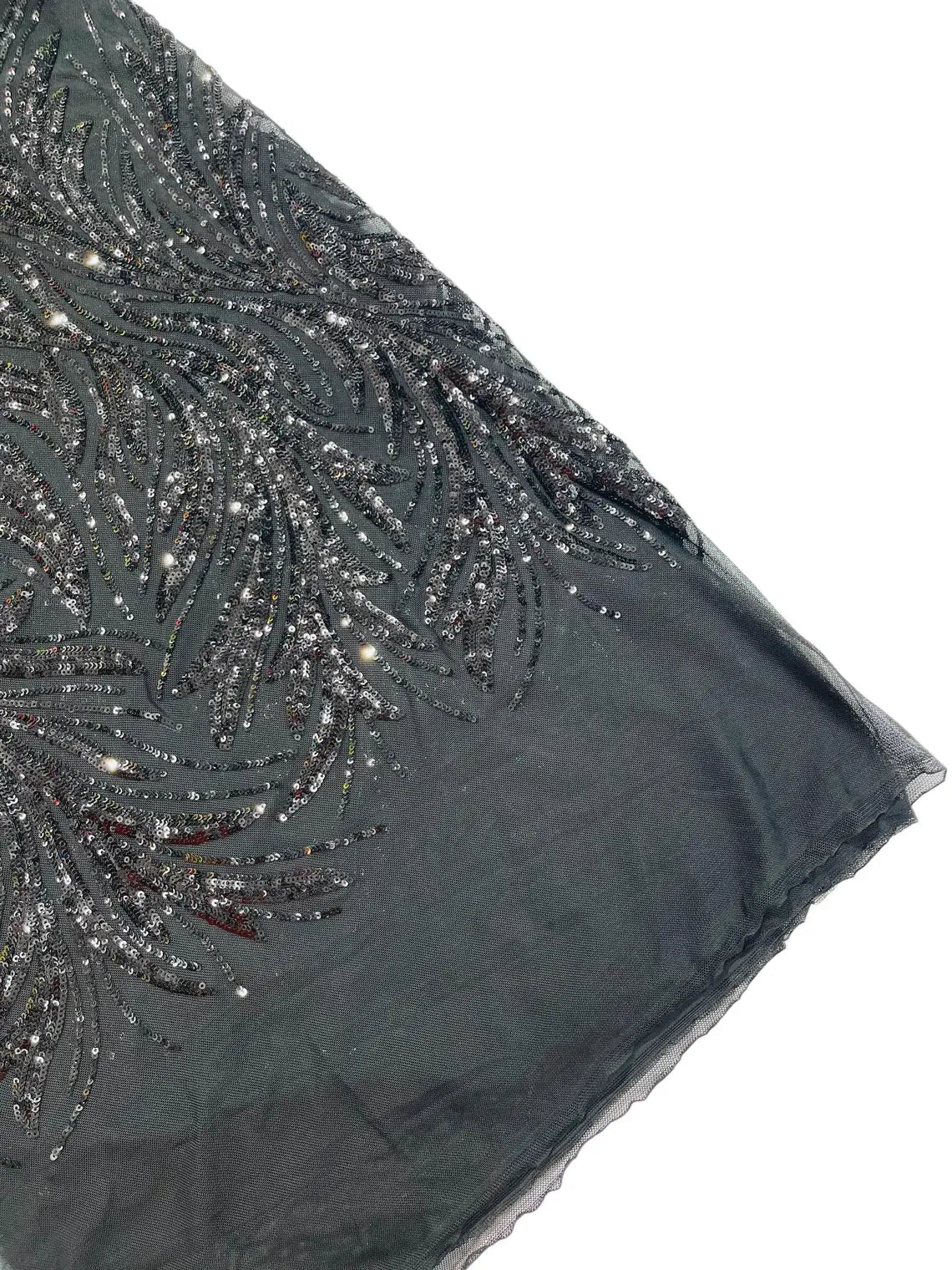 Leaf Design Stretch Sequins - Black - 4 Way Stretch Lace Mesh Sequins Fabric by Yard
