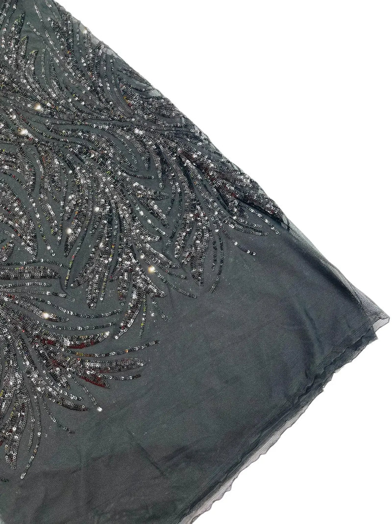 Leaf Design Stretch Sequins - Black - 4 Way Stretch Lace Mesh Sequins Fabric by Yard