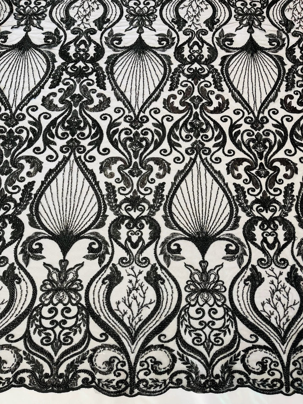 Damask Leaf Bead Fabric - Black - Heavy Beaded Embroidered Sequins Lace Fabric by Yard