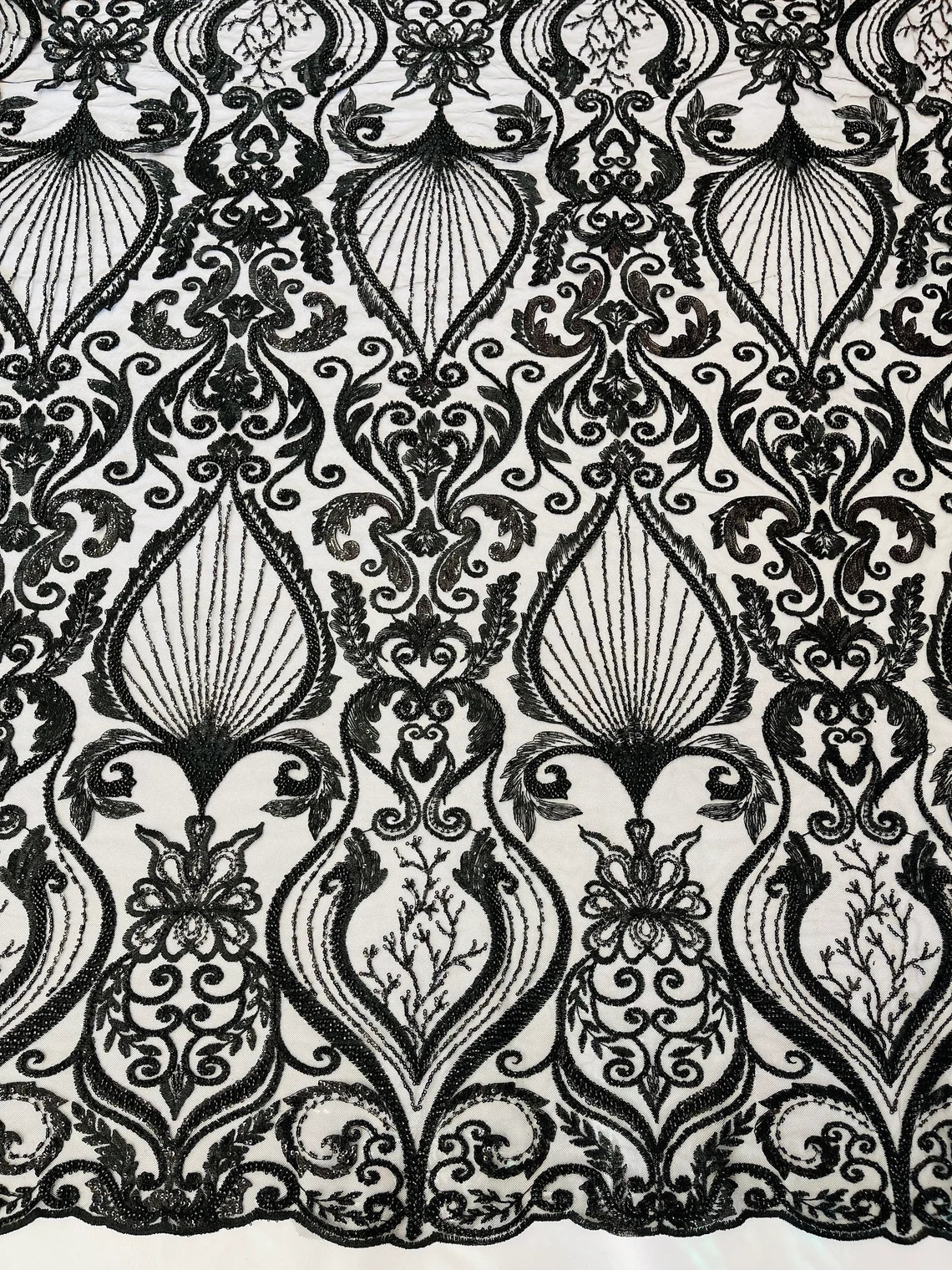 Damask Leaf Bead Fabric - Black - Heavy Beaded Embroidered Sequins Lace Fabric by Yard