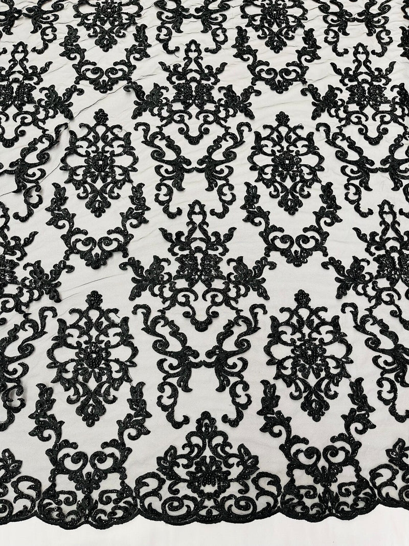 Butterfly Bead Sequins Fabric - Black - Damask Beaded Sequins Lace Fabric by the yard