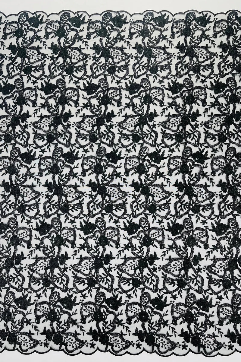 Small Flower Sequins Lace Fabric - Black - Embroidered Floral Pattern Fabric with Sequins on Lace By Yard