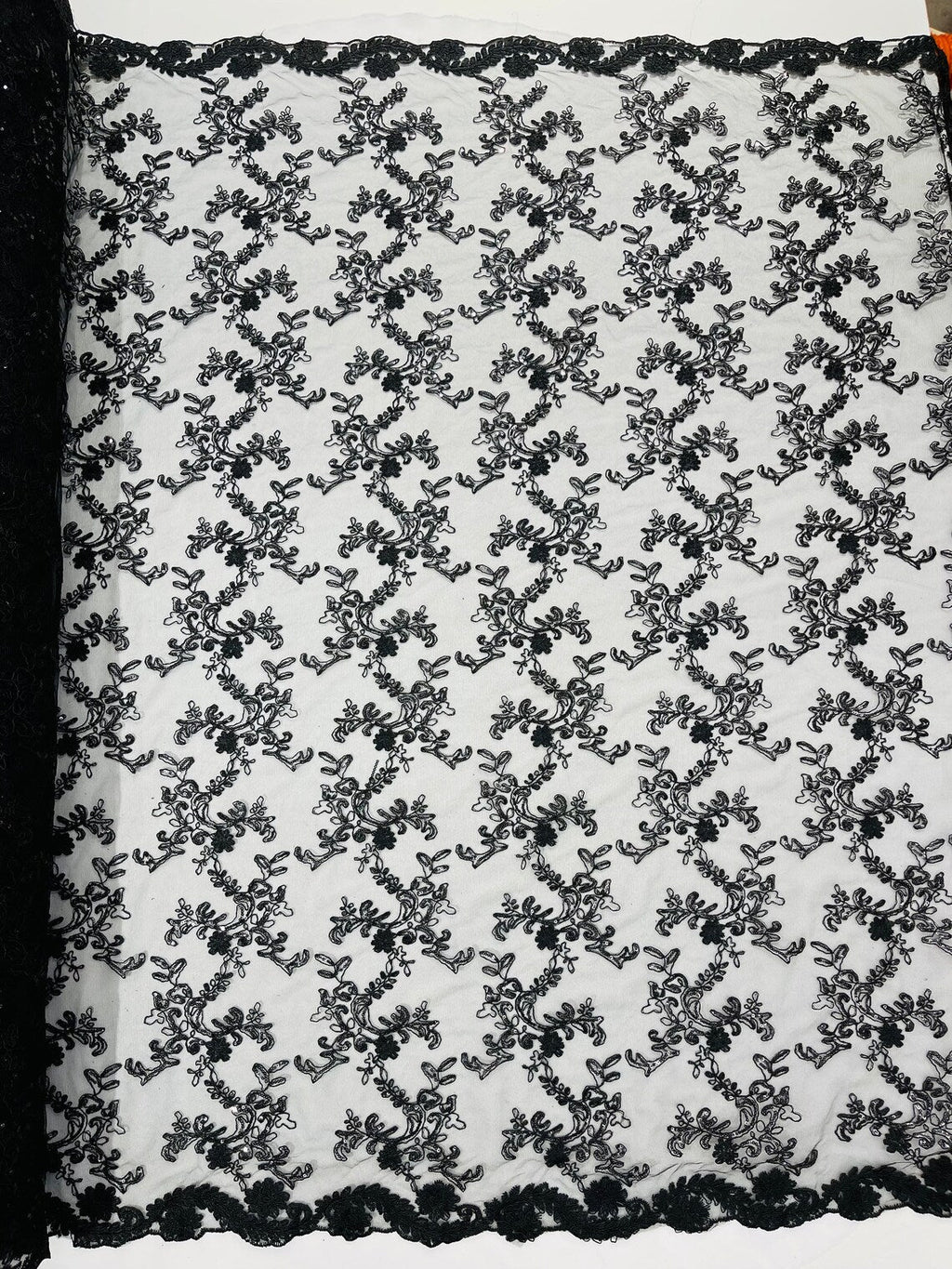 Floral Sequins Lace Fabric - Black - Embroidery Flower Clusters Design with Shiny Sequins  Fabric Sold By Yard