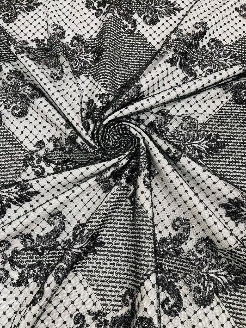 King Damask Design Fabric - Black - Embroidered Corded Mesh Lace Fabric with Sequins By Yard