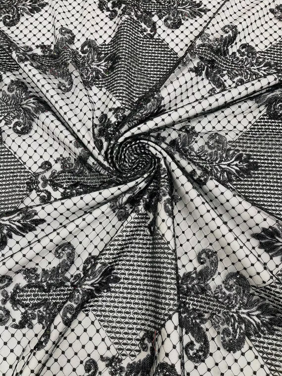 King Damask Design Fabric - Black - Embroidered Corded Mesh Lace Fabric with Sequins By Yard