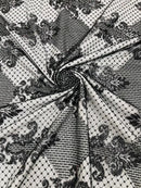 King Damask Design Fabric - Black - Embroidered Corded Mesh Lace Fabric with Sequins By Yard