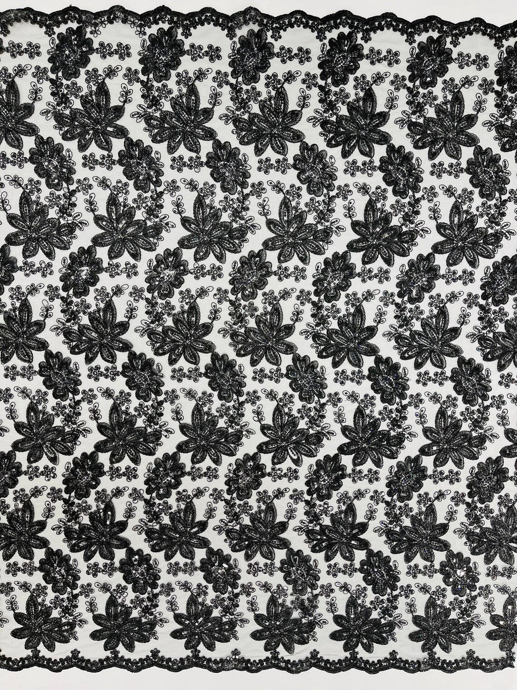 Corded Lace Floral Fabric - Black - Hologram Sequins Metallic Thread Floral Fabric by Yard