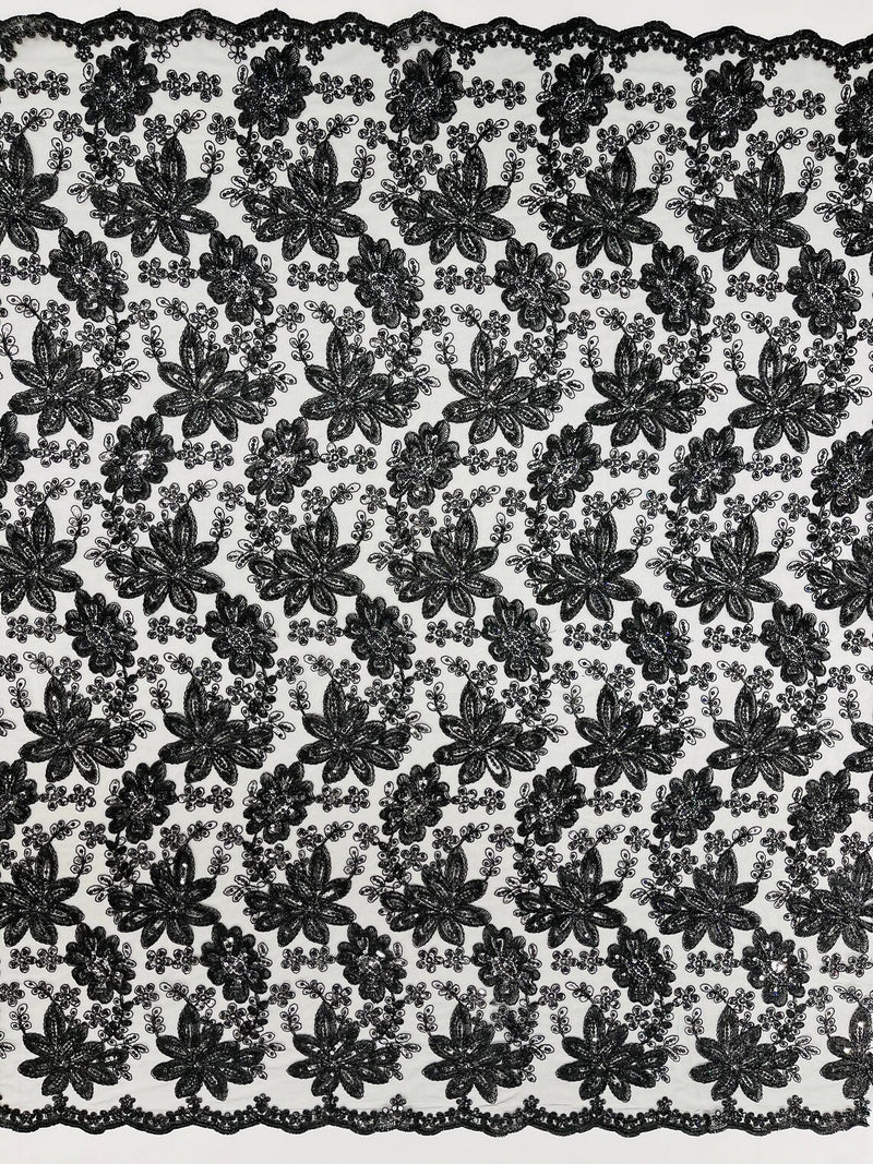 Corded Lace Floral Fabric - Black - Hologram Sequins Metallic Thread Floral Fabric by Yard