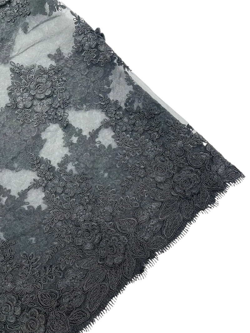 Corded Floral 3D Fabric - Black - Embroidered Floral Design on Lace Mesh Fabric by Yard