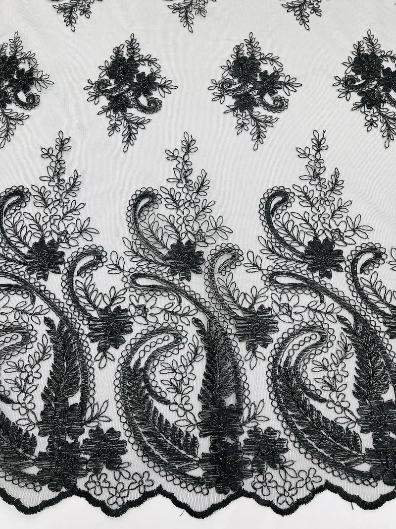 Metallic Corded Lace - Black - Paisley Floral Fabric with Metallic Thread on a Mesh Lace By Yard