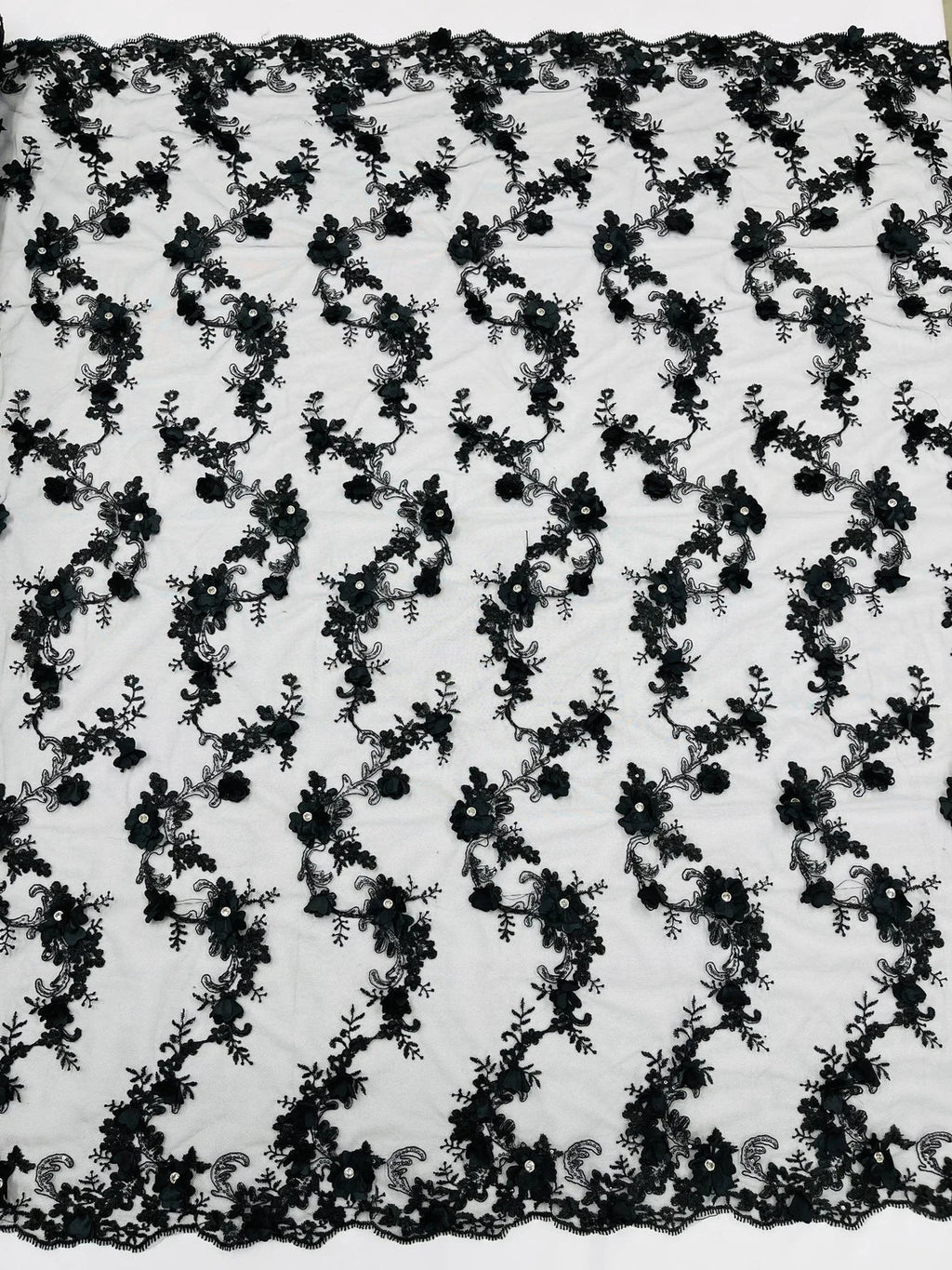 3D Lace Flower Fabric - Black - Embroidered Sequins and 3D Floral Patterns on Lace By Yard