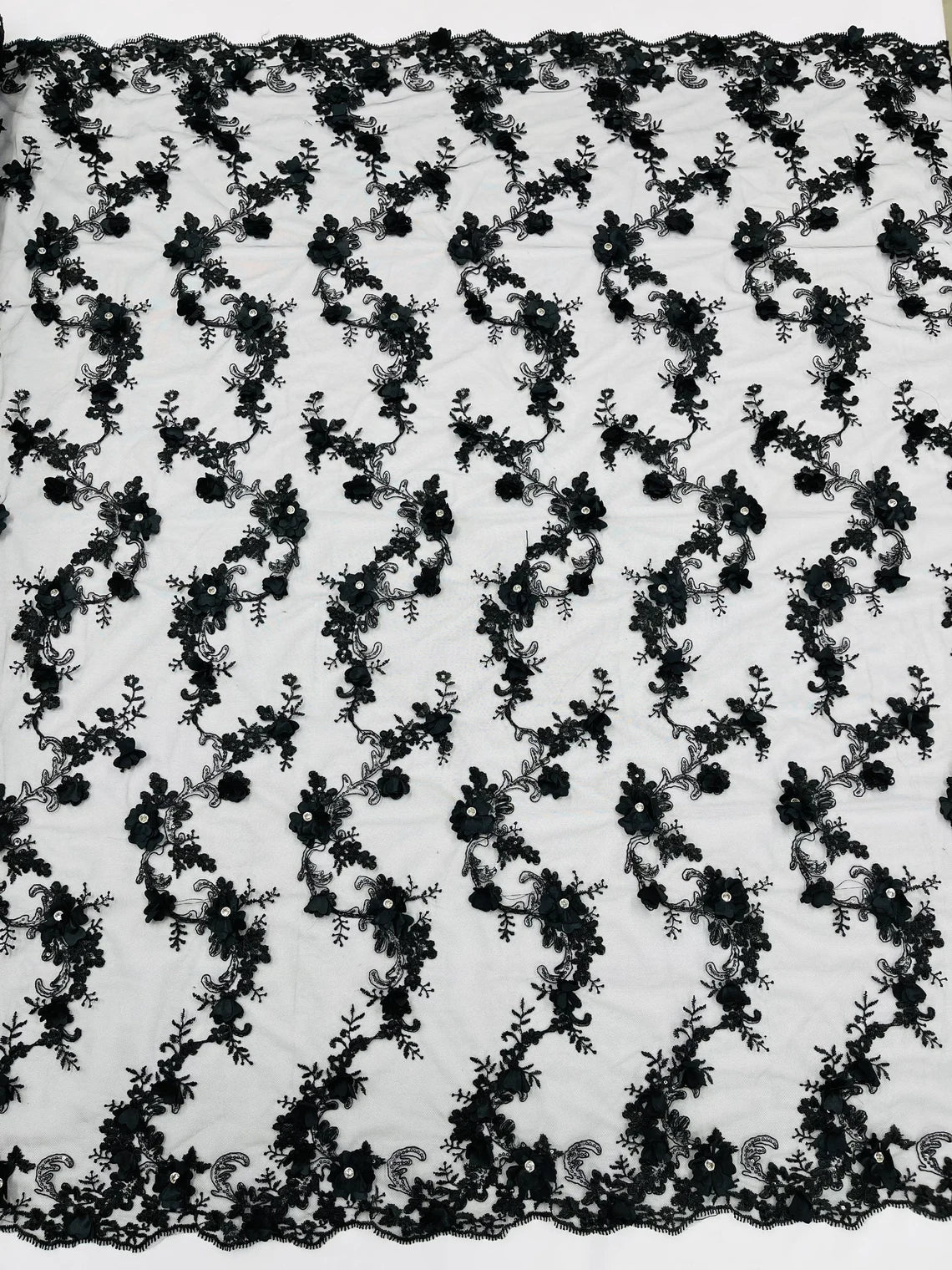 3D Lace Flower Fabric - Black - Embroidered Sequins and 3D Floral Patterns on Lace By Yard