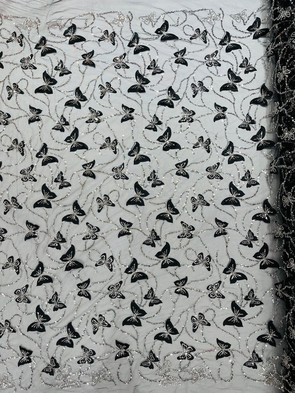3D Butterfly Beaded Fabric - Black - Beaded Sequins Butterfly Embroidered Fabric By Yard