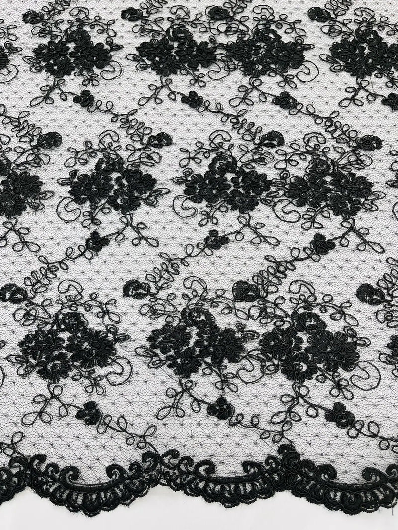 Embroidered Flower Fabric - Black - Floral Design Scalloped Border Fabric By Yard