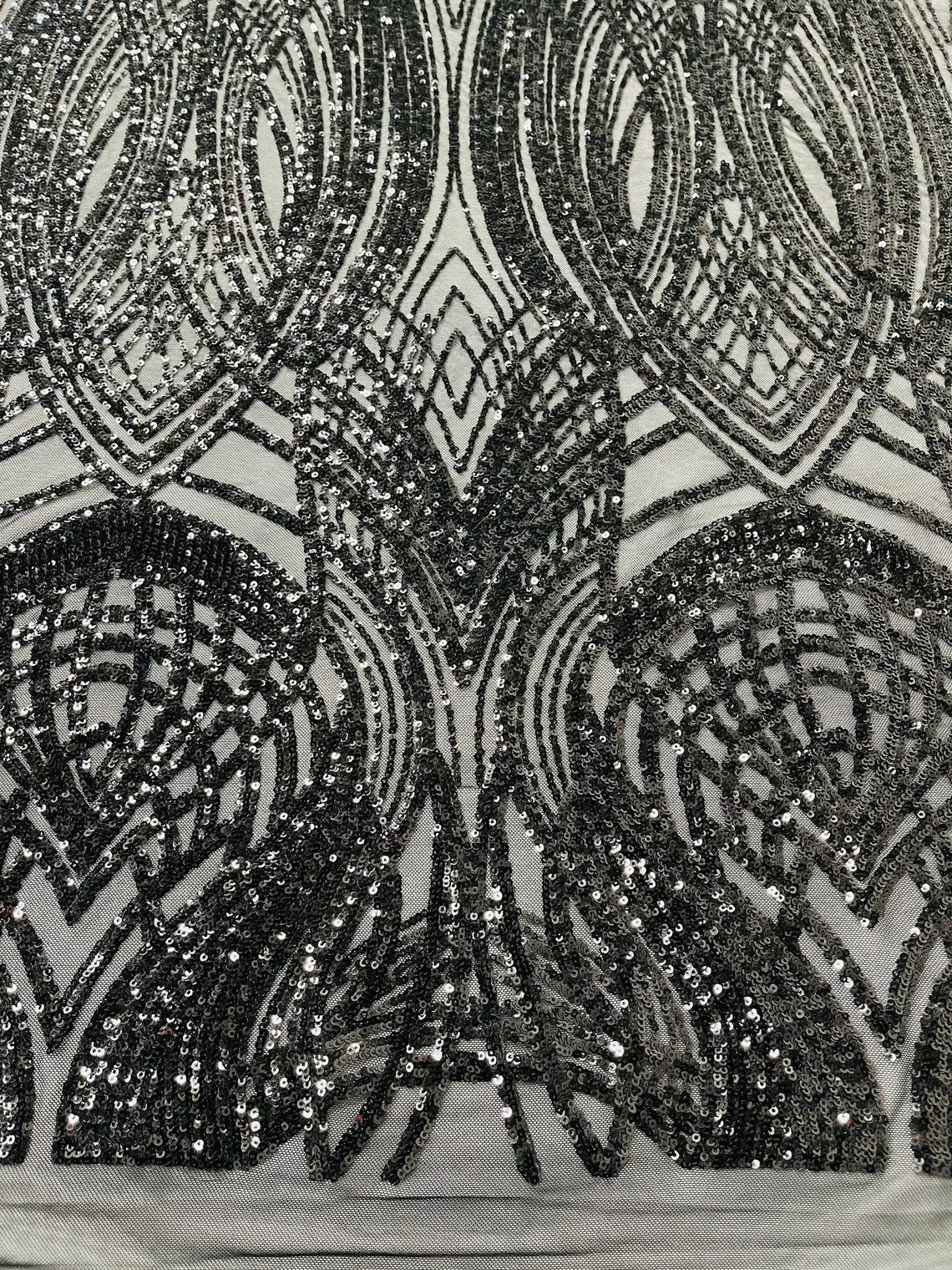 Long Wavy Pattern Sequins - Black - 4 Way Stretch Sequins Fabric Line Design By Yard