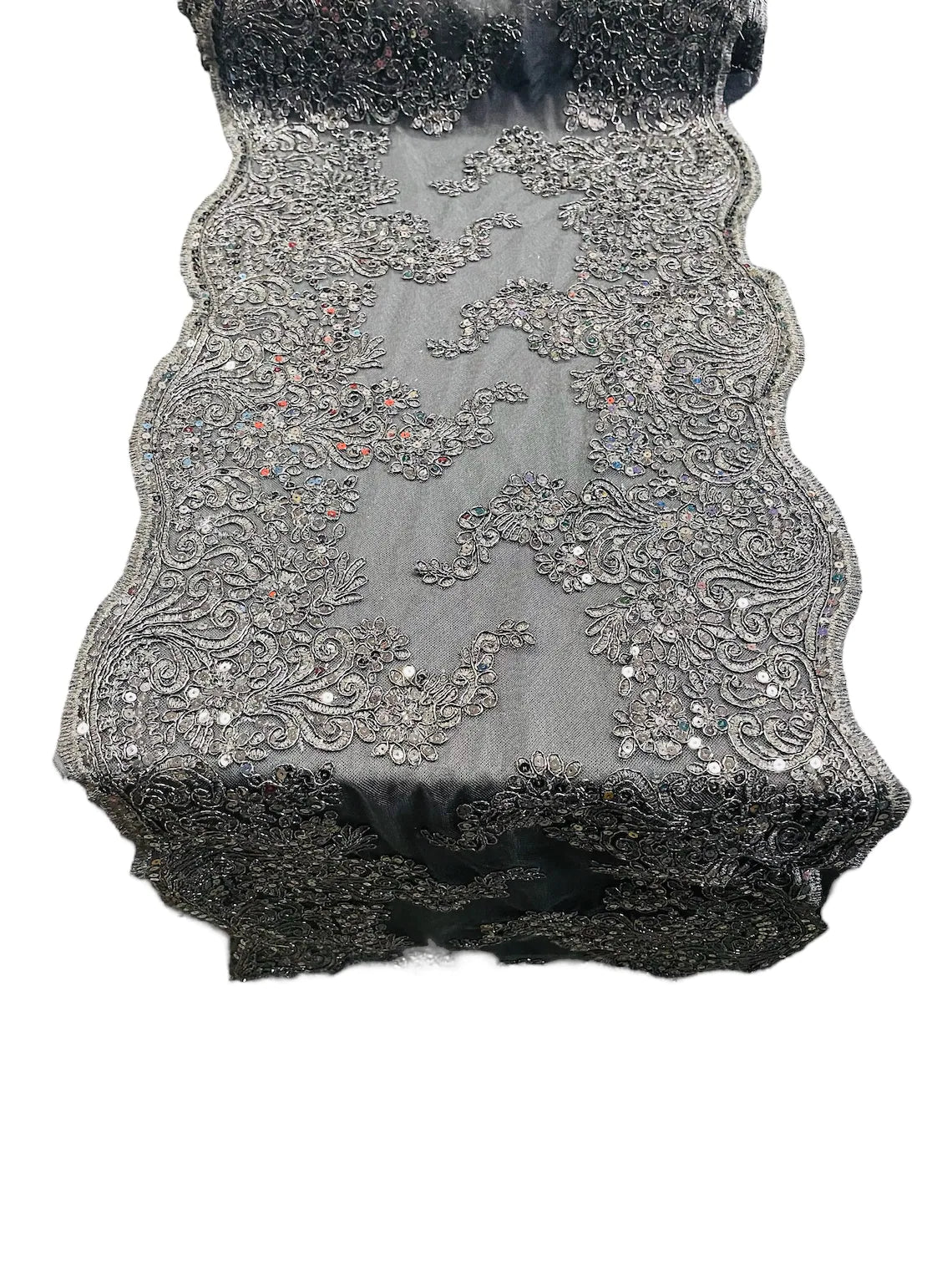 14" Metallic Floral Design Lace Table Runner - Black - Event Table Decor Runner Sold By Yard