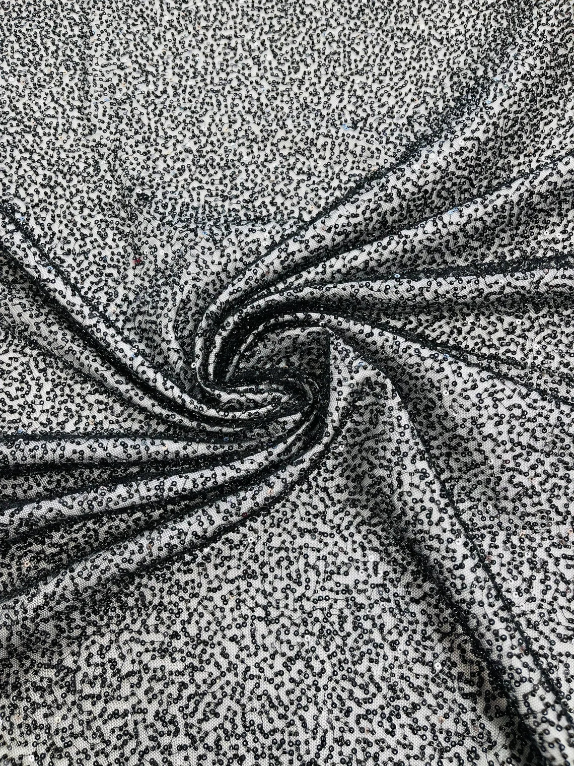 3D Beaded Lace Fabric - Black - Heavy Embroidery Handmade Lace, Beaded Fabric By Yard