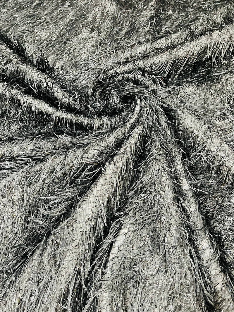 Metallic Eyelash Fabric - Black - Feather/Eyelash/Fringe Design on Mesh By Yard