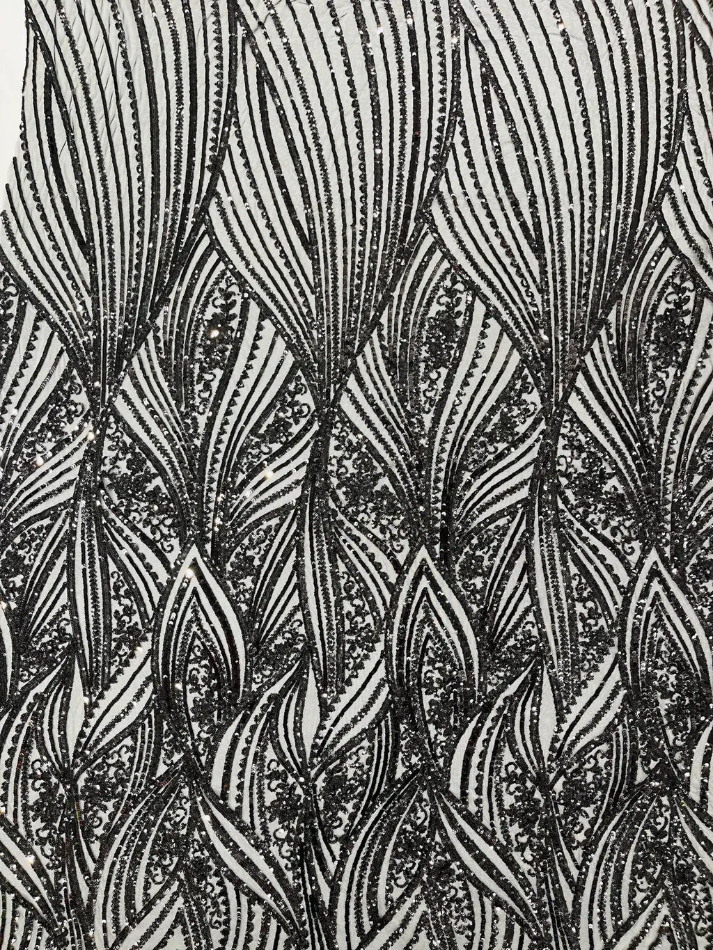 Curvy Line Design Fabric - Black - 4 Way Stretch Sequins Design Mesh Lace Fabric by Yard