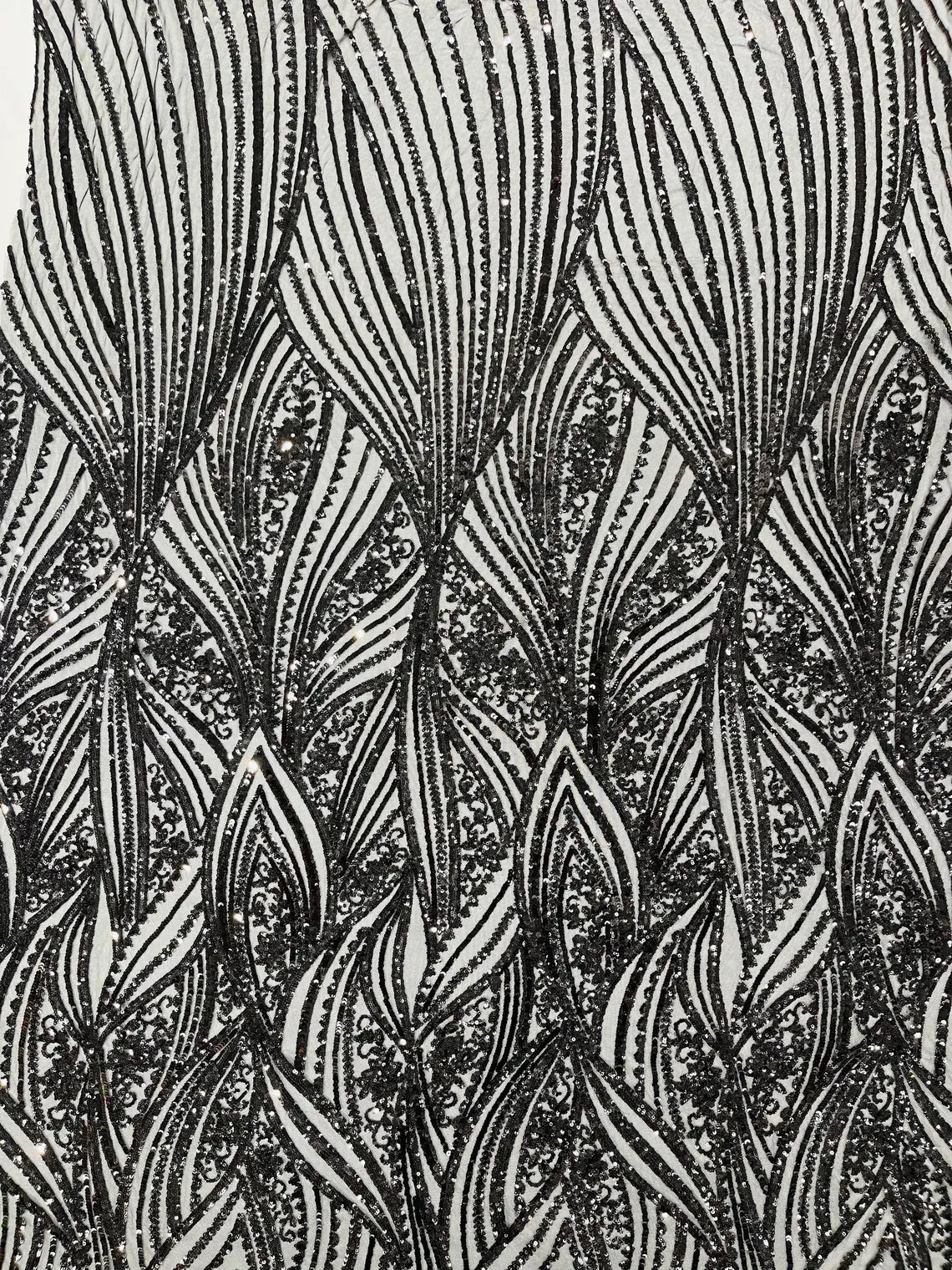 Curvy Line Design Fabric - Black - 4 Way Stretch Sequins Design Mesh Lace Fabric by Yard