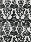 King Lace Pattern Fabric - Black - Embroidered Sequins on Lace Mesh Fabric By Yard