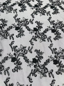 Floral Sequins Lace Fabric - Black - Embroidery Flower Clusters Design with Shiny Sequins  Fabric Sold By Yard