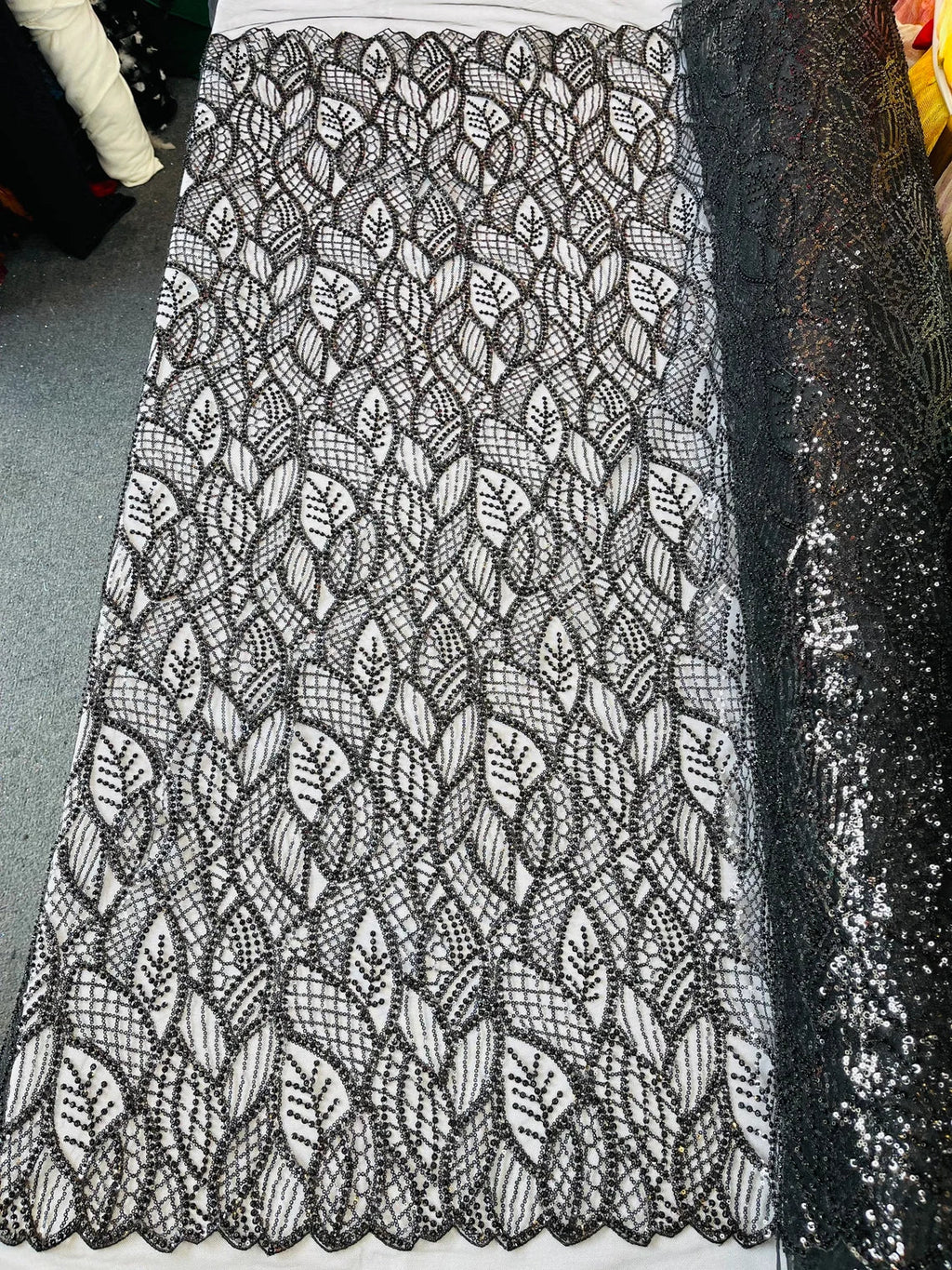 Beaded Leaf Designs Fabric - Black - Embroidered Beads in Leaves Pattern Sold By Yard