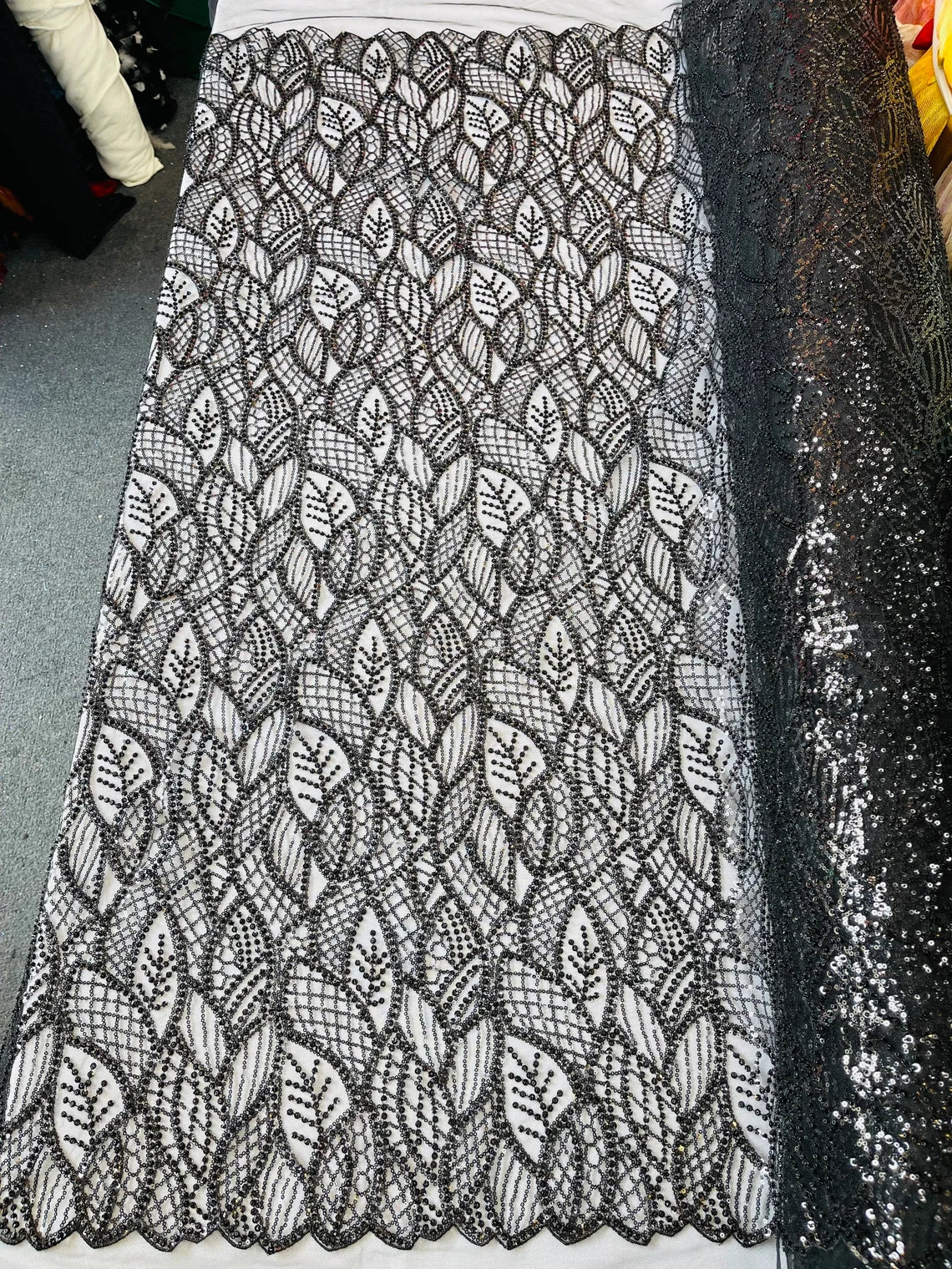 Beaded Leaf Designs Fabric - Black - Embroidered Beads in Leaves Pattern Sold By Yard