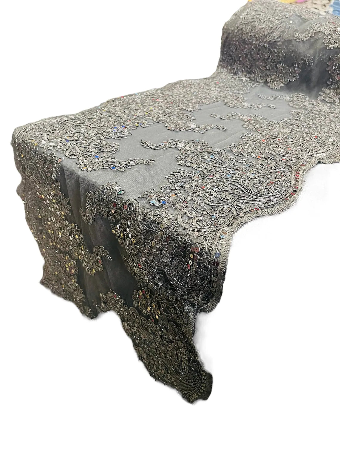 14" Metallic Floral Design Lace Table Runner - Black - Event Table Decor Runner Sold By Yard