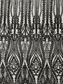 Mermaid Design Sequins Fabric - Black - Sequins Fabric 4 Way Stretch on Mesh By Yard