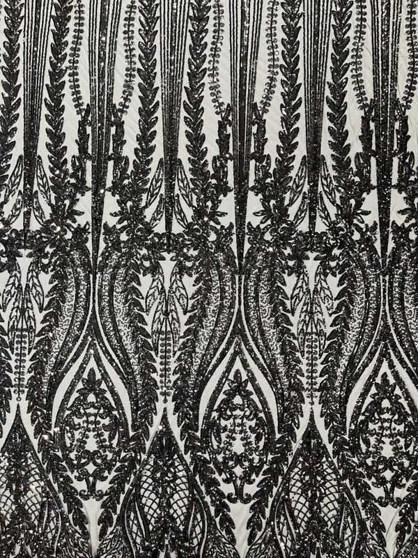 Mermaid Design Sequins Fabric - Black - Sequins Fabric 4 Way Stretch on Mesh By Yard