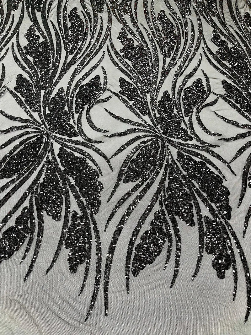 Wavy Leaf Sequins Fabric - Black - Wavy Lines and Leaves Design on Lace Mesh Fabric by Yard