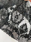 Heavy Bead Floral Fabric - Black - Beaded Flower Design Fabric Fancy Border By Yard