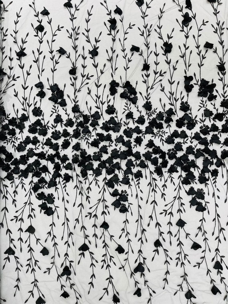 3D Flower Glitter Fabric - Black - Flower Design on Glitter Mesh Fabric Sold By Yard