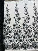3D Flower Glitter Fabric - Black - Floral Glitter Sequin Design on Lace Mesh Fabric by Yard