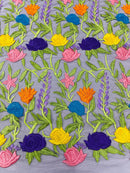 Multi-Color Mexican Sarape Fabric - Black Mesh Flower Design Embroidered Lace Fabric By Yard