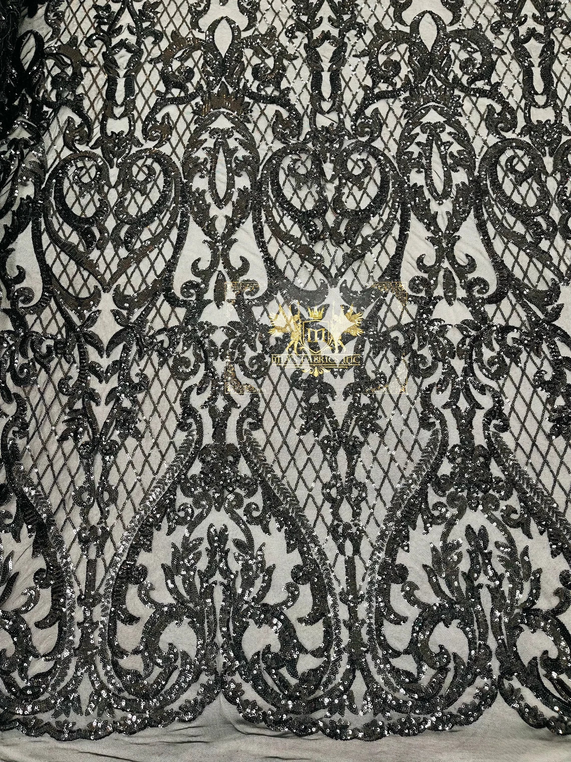Heart Damask Sequins - Black - 4 Way Stretch Elegant Shiny Net Sequins Fabric By Yard