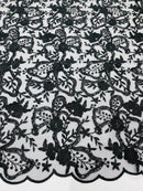 Small Flower Sequins Lace Fabric - Black - Embroidered Floral Pattern Fabric with Sequins on Lace By Yard