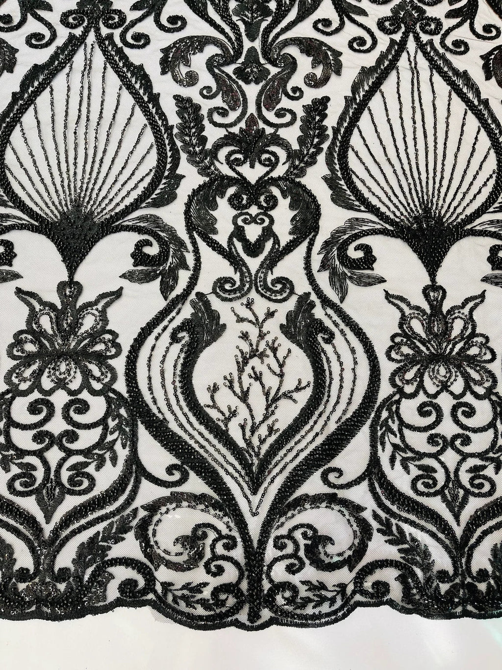 Damask Leaf Bead Fabric - Black - Heavy Beaded Embroidered Sequins Lace Fabric by Yard