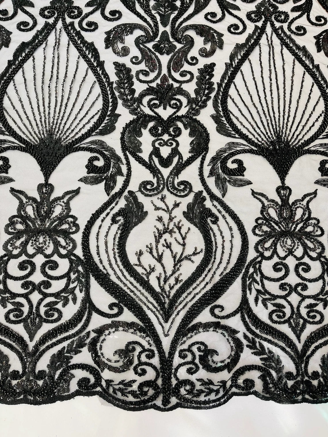 Damask Leaf Bead Fabric - Black - Heavy Beaded Embroidered Sequins Lace Fabric by Yard