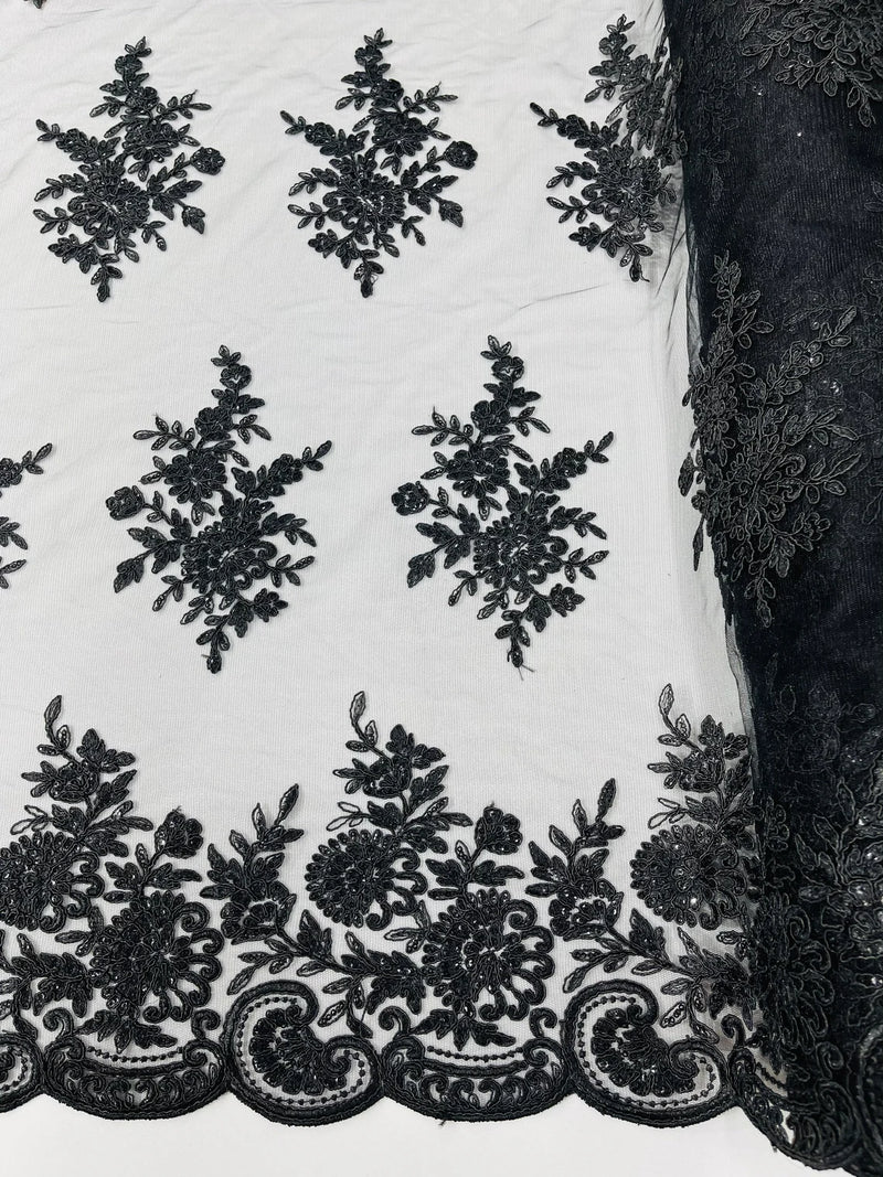 Floral Lace Flower Fabric - Black - Floral Embroidered Fabric with Sequins on Lace By Yard