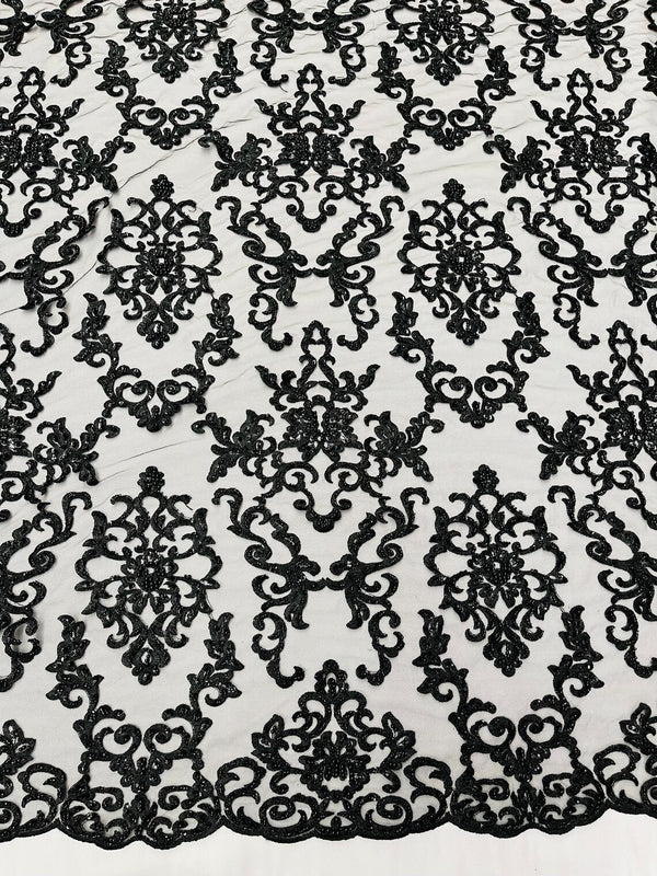 Butterfly Bead Sequins Fabric - Black - Damask Beaded Sequins Lace Fabric by the yard