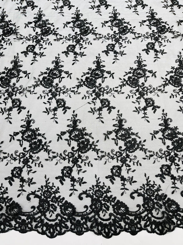 Floral Plant Lace Fabric - Black - Embroidery Flower Small Leaf Design Lace Fabric Sold By Yard