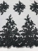 Corded Floral 3D Fabric - Black - Embroidered Floral Design on Lace Mesh Fabric by Yard