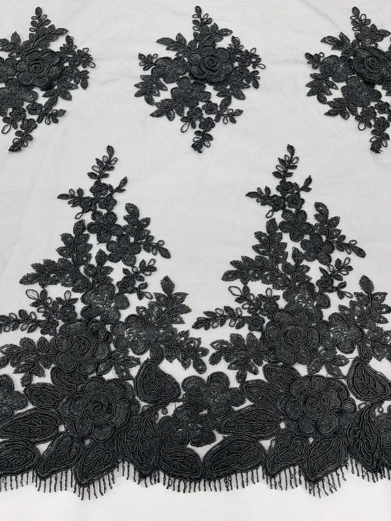 Corded Floral 3D Fabric - Black - Embroidered Floral Design on Lace Mesh Fabric by Yard